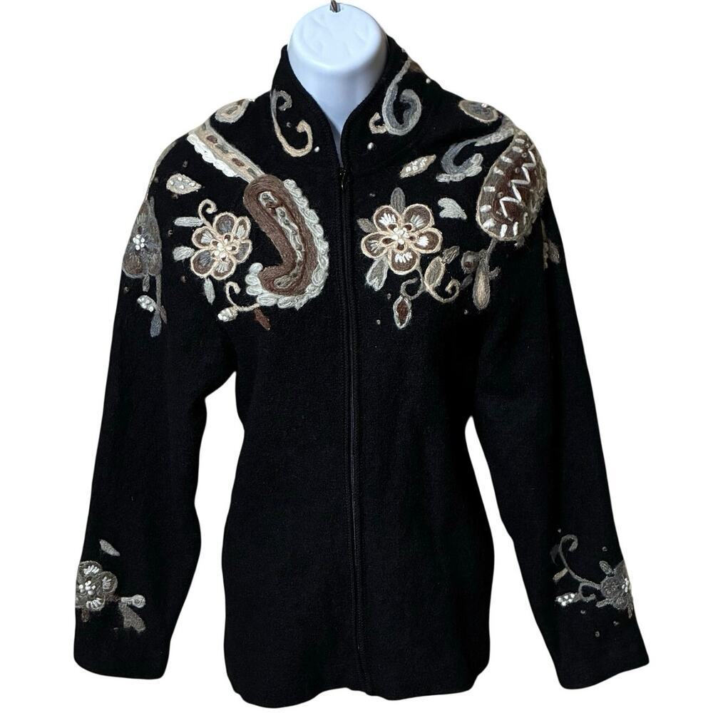 VTG Coldwater Creek Floral Embroidered 100% Wool Zip Sweater Jacket L Boho Art